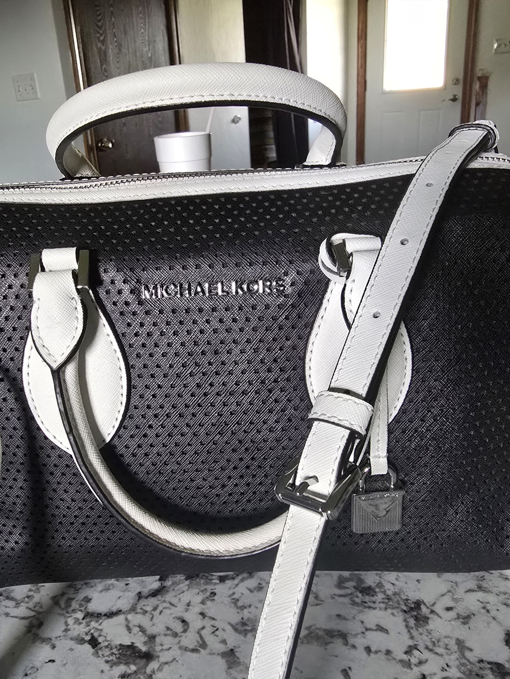 Michael Kors Black and White Perforated Saffiano Satchel with Detachable Strap